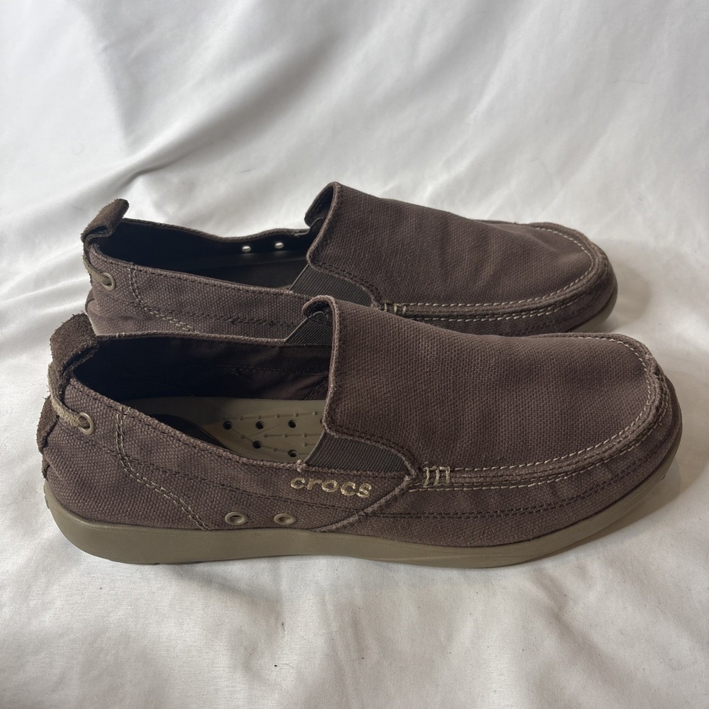 Crocs Walu Slip On Men 12 Canvas Brown Loafer Comfort Casual Shoes Beach Coastal - Picture 4 of 9